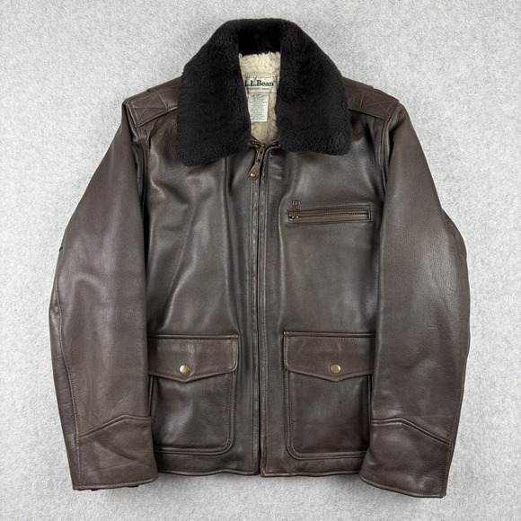 L.L. Bean Other - Vtg LL Bean Jacket Mens Medium Brown Leather Sherpa Pile Lined Bomber 90s USA